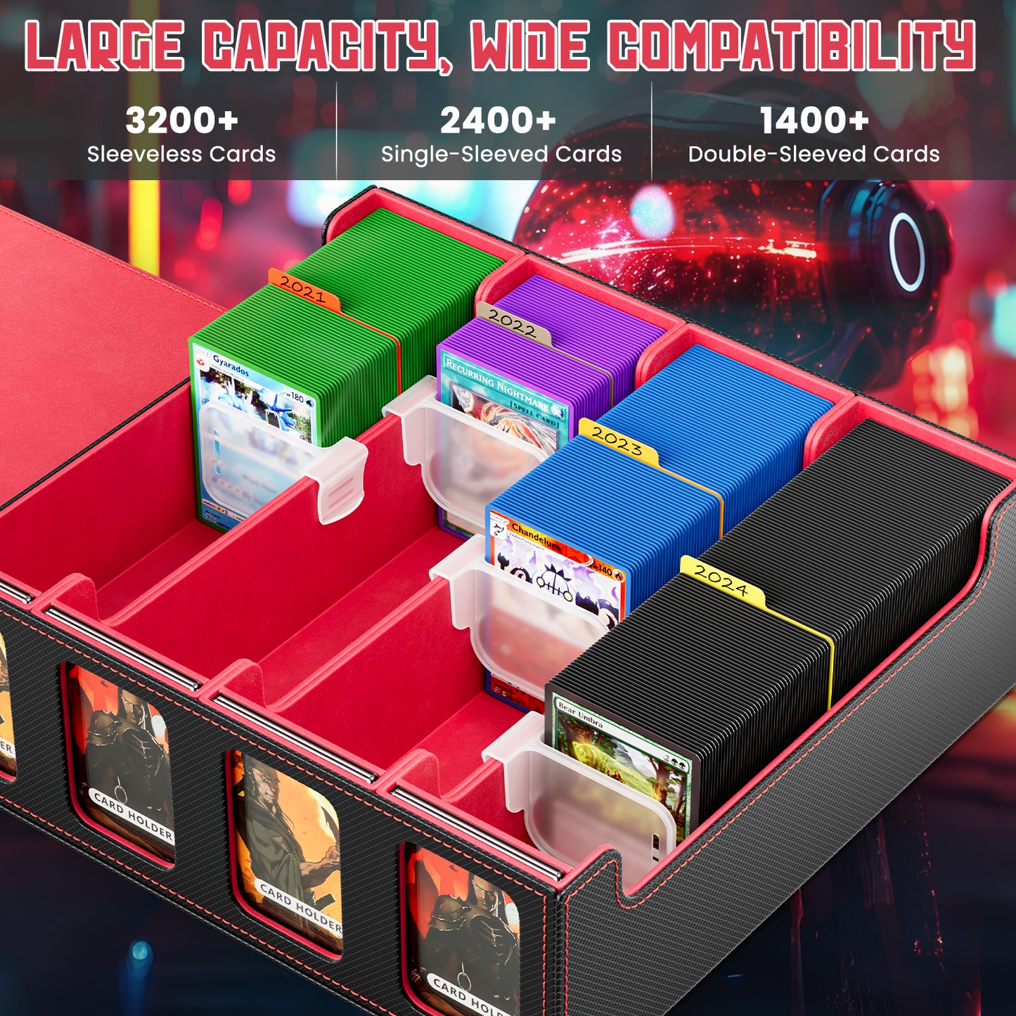 Trading Card Storage Box, 3200+ MTG Deck Box, Magnetic PU Leather Card Deck Box, Fits for Magic Game Sports Cards (Red)