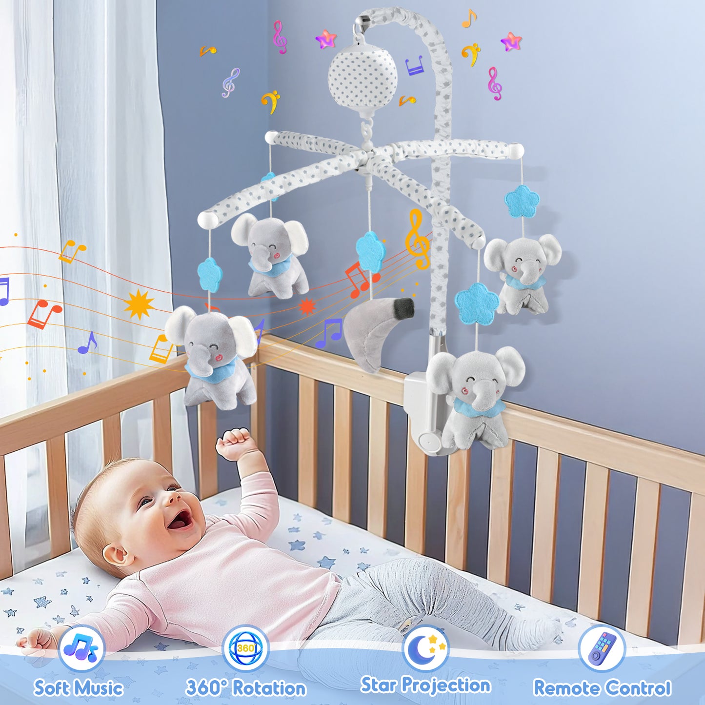 Crib Mobile with Music and Lights, Baby Mobile for Crib with Remote Control, Timing Function and Hanging Rotating Animals, Baby Crib Toys for Newborn Boys Girls 0-36 Months Gift