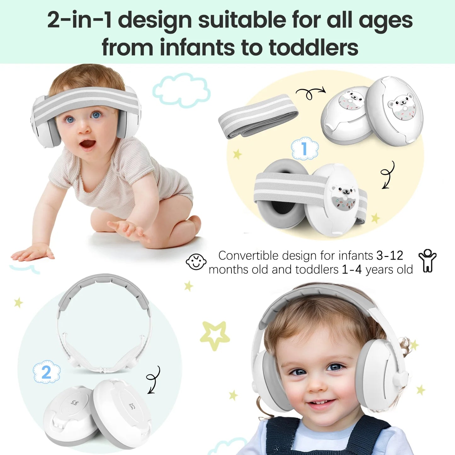 2-in-1 Baby Ear Muffs Noise Protection, Noise Canceling Headphones for Baby & Toddler 0-36 Months, Adjustable Headband, Hearing Protection Earmuffs in Plane & Improves Sleep - White