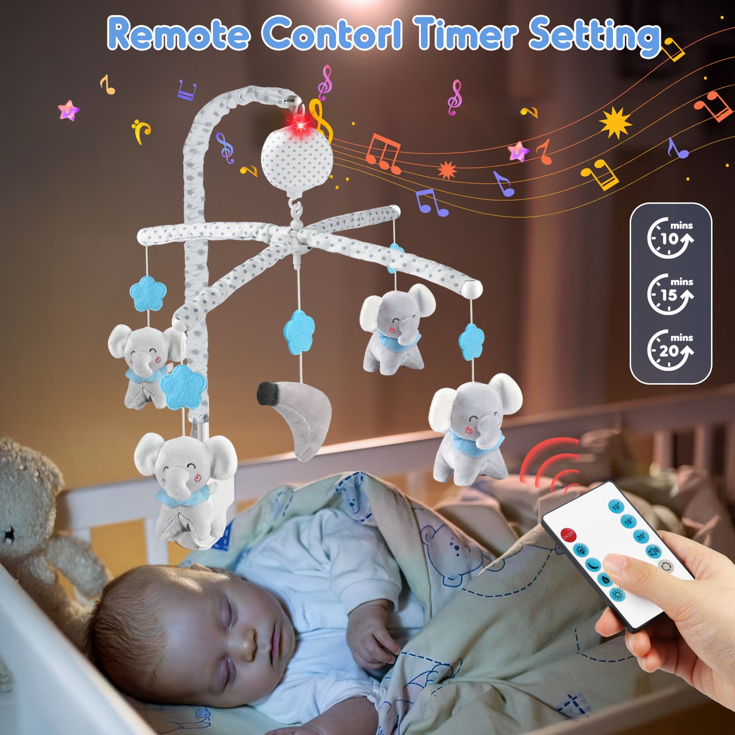 Crib Mobile with Music and Lights, Baby Mobile for Crib with Remote Control, Timing Function and Hanging Rotating Animals, Baby Crib Toys for Newborn Boys Girls 0-36 Months Gift