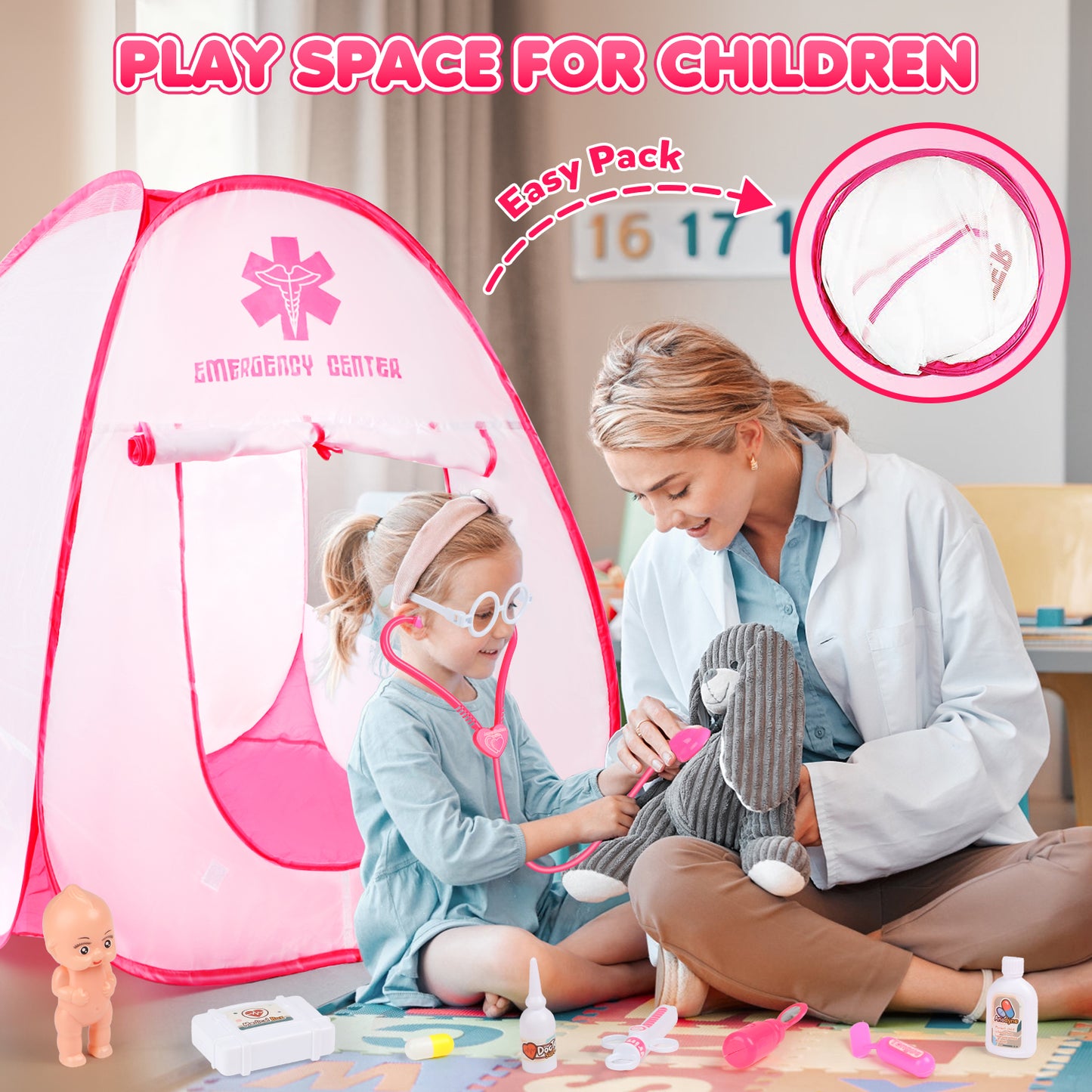 Doctor Kit for Toddlers 3-5, 27PCS Pretend Play Dress Up Doctor Toys with Pop Up Tent, Medical Kit Stethoscope Doctor Role Play, Birthday Gifts for Girls Boys Age 3 4 5 6 7