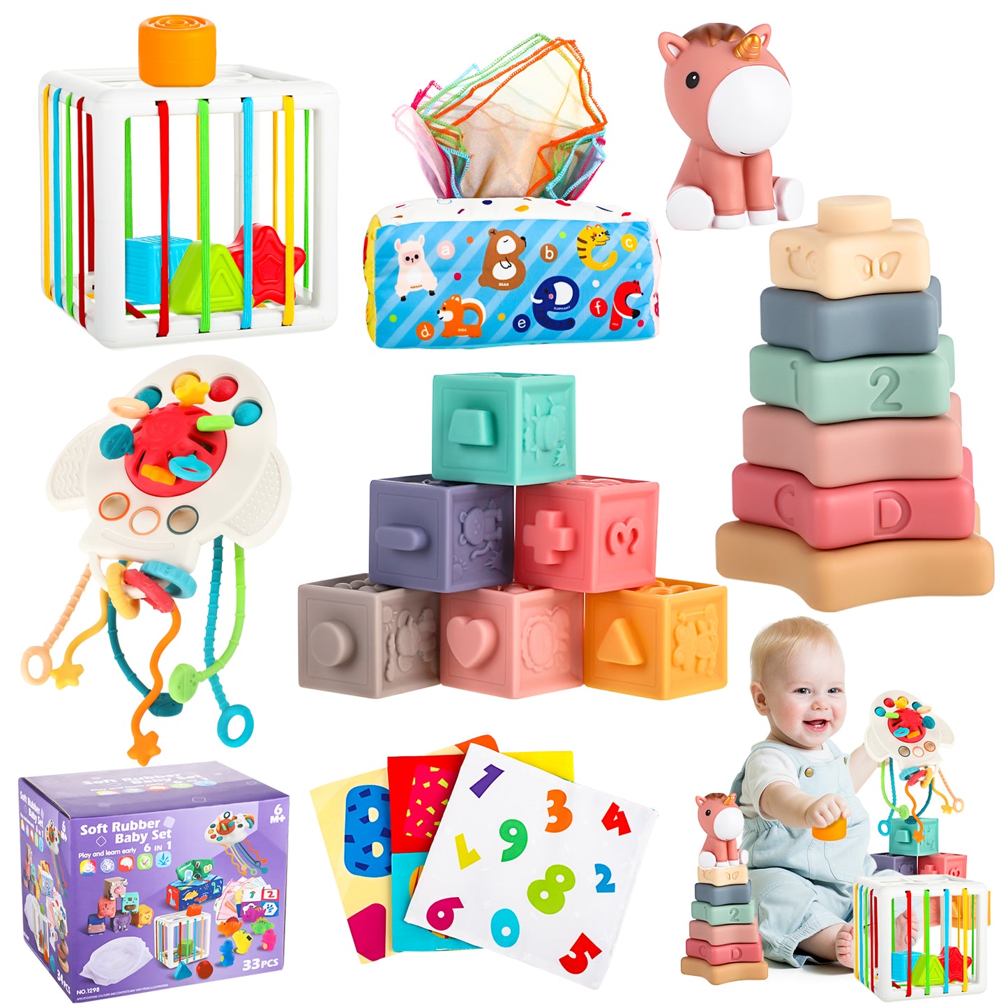 Montessori Toys for 1 Year Old, 6 In 1 Baby Toys for 6-12 Months, Soft Baby Teething Toys, Learning Gifts for Baby Girls Boys, Birthday Chrismas Gift