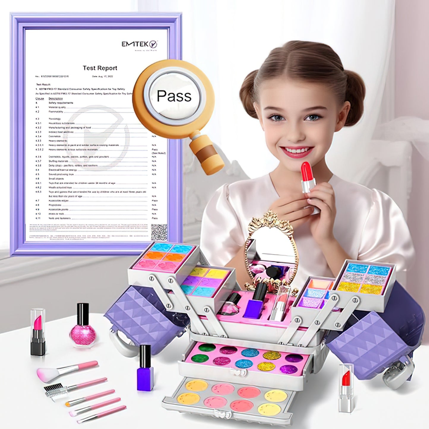 Kids Makeup Set for Girls, 54 PCS Washable Real Cosmetic Kit with Mirror, Kids Makeup Kit for Little Girls, Christmas Birthday & Party Gifts for Kids 3 4 5 6 7 8 9 (Purple)