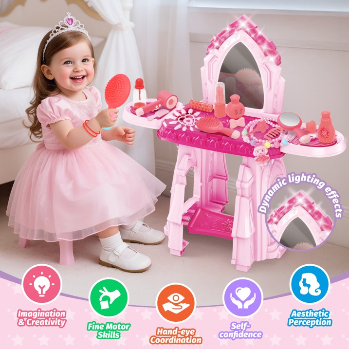 2 in 1 Toddler Vanity Set Play, Girls Makeup Table with Mirror and Lights, Castle with Storage Space, Kids Vanity Pretend Makeup Set Toys, Birthday Gifts for Toddler Girls 2 3 4 5 6 Year Old