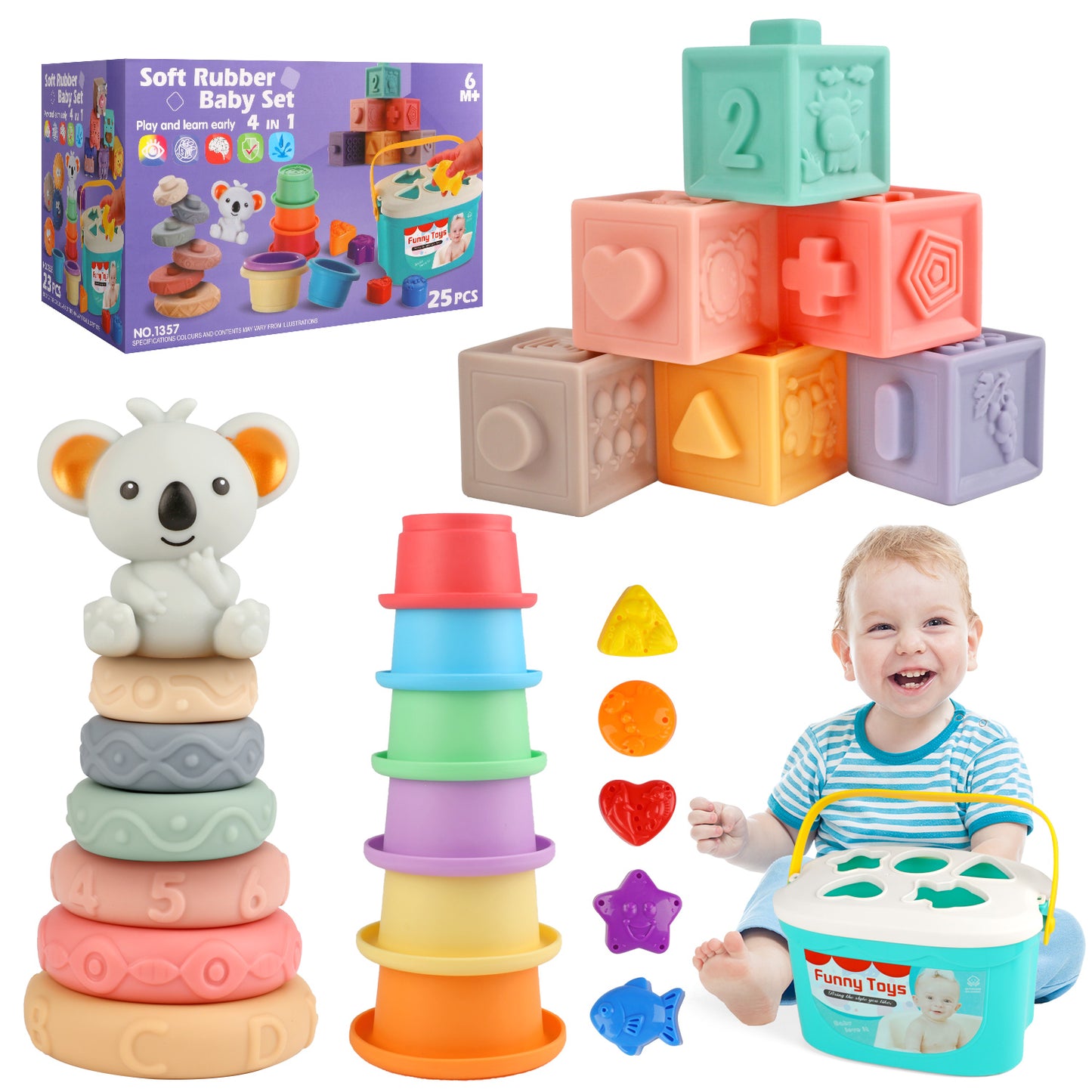 Montessori Toys for 1 Year Old, 4 In 1 Baby Blocks Toys 6-12 Months, Soft Baby Teething Toys, Learning Gifts for Baby Girls Boys, Birthday Chrismas Gift