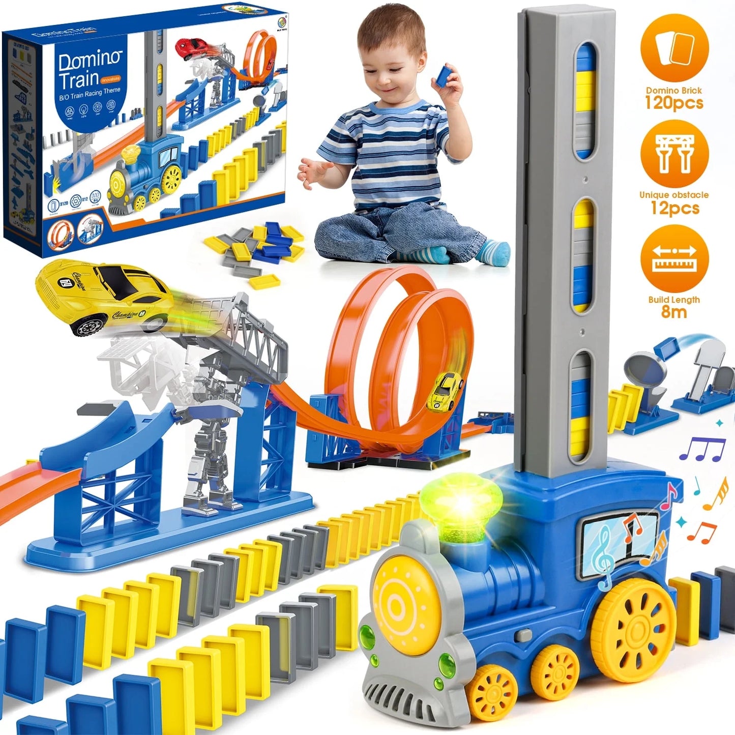 120PCS Domino Train Set for Kids, Automatic Domino Toys for Toddlers Ages 3-8 Years with Music and Light, Fun Montessori Toys for Birthday Gift, Christmas Gift.