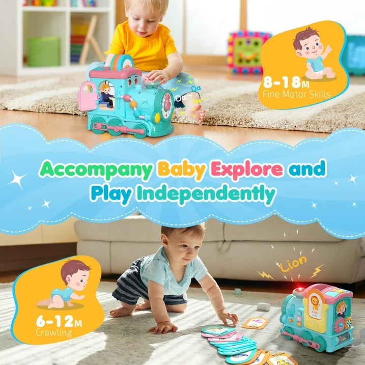 Toddler Toys Montessori Toys for 1 Year Old Girl Gifts, 24-in-1 Multi Musical Train with Talking Flash Cards, Blue