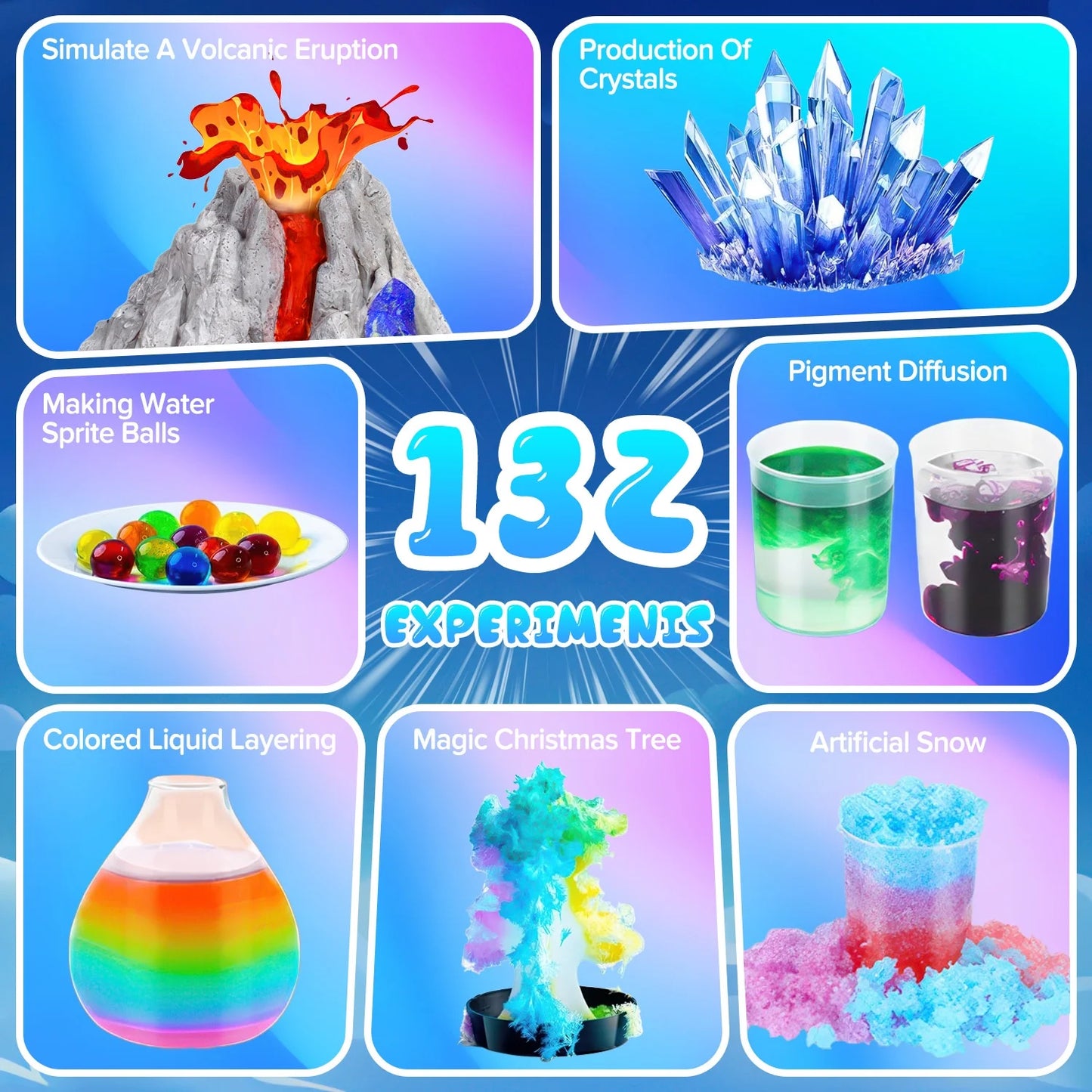 132 Science Experiments, Science Kits for Kids age 8-12 5-7, STEM Toy Birthday Gift for Boys Girls, Volcanic Eruption/Production Crystals/Christmas Tree.