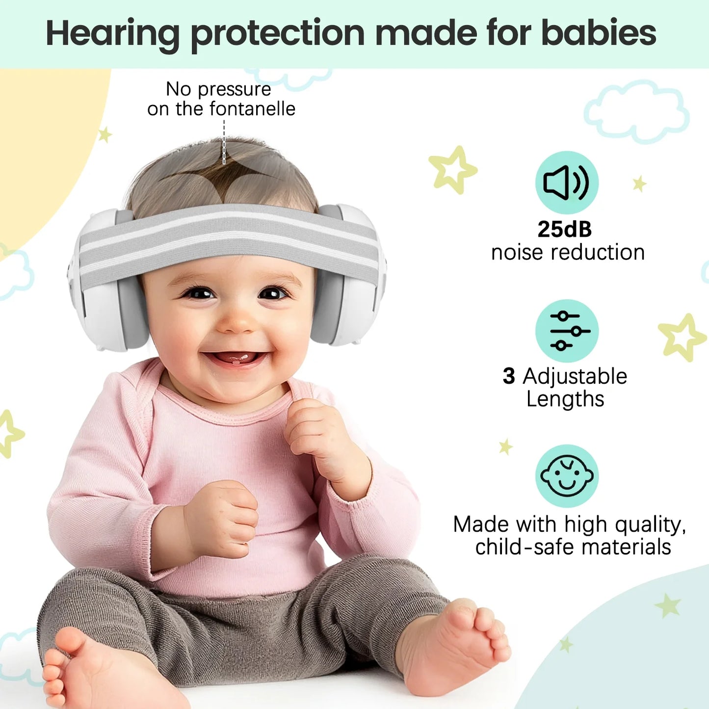 2-in-1 Baby Ear Muffs Noise Protection, Noise Canceling Headphones for Baby & Toddler 0-36 Months, Adjustable Headband, Hearing Protection Earmuffs in Plane & Improves Sleep - White