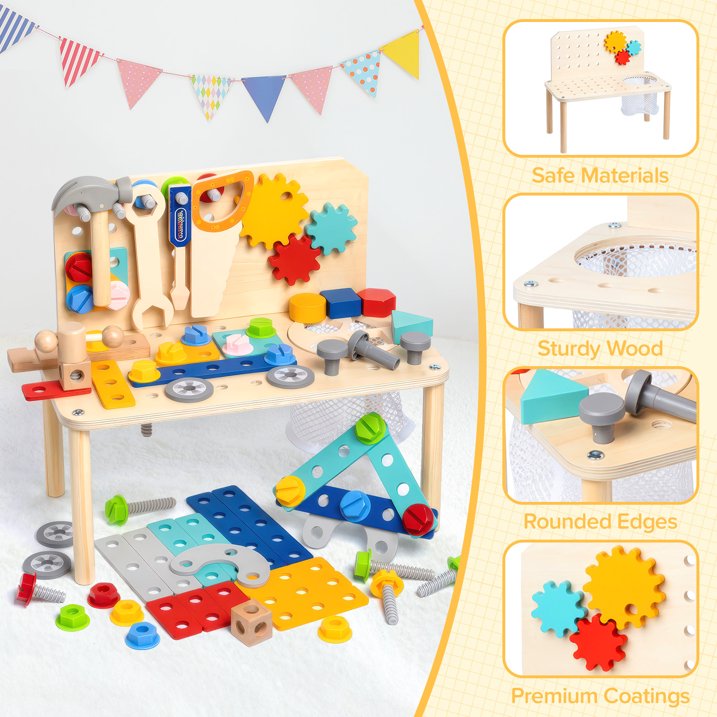 Kids Tool Set for Boys Age 2-6, 92Pcs Wooden Toddler Tool Bench, Kids Workbench with Realistic Tools, Montessori Educational STEM Construction Pretend Play Toy Birthday Gift for Boys Toddlers