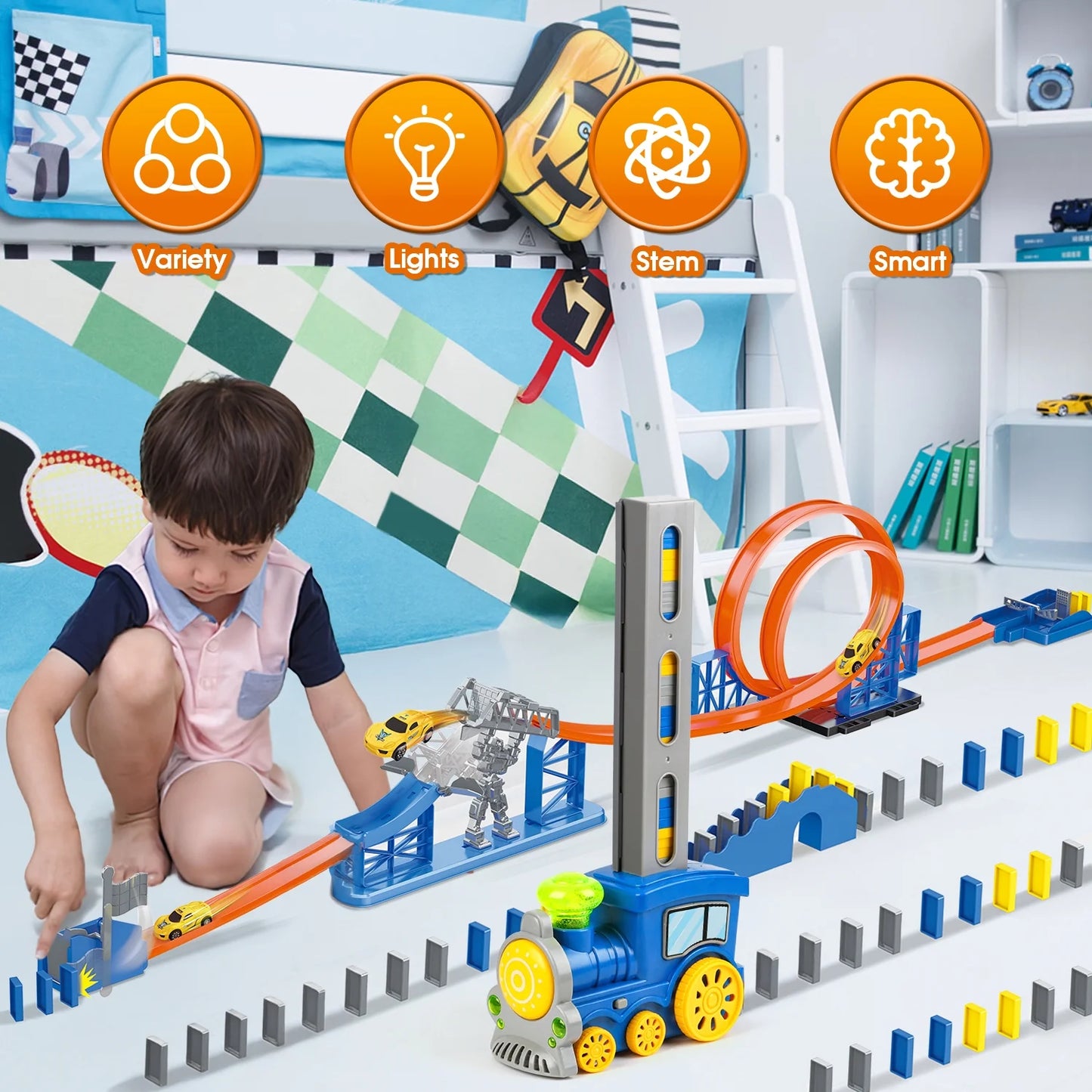 120PCS Domino Train Set for Kids, Automatic Domino Toys for Toddlers Ages 3-8 Years with Music and Light, Fun Montessori Toys for Birthday Gift, Christmas Gift.
