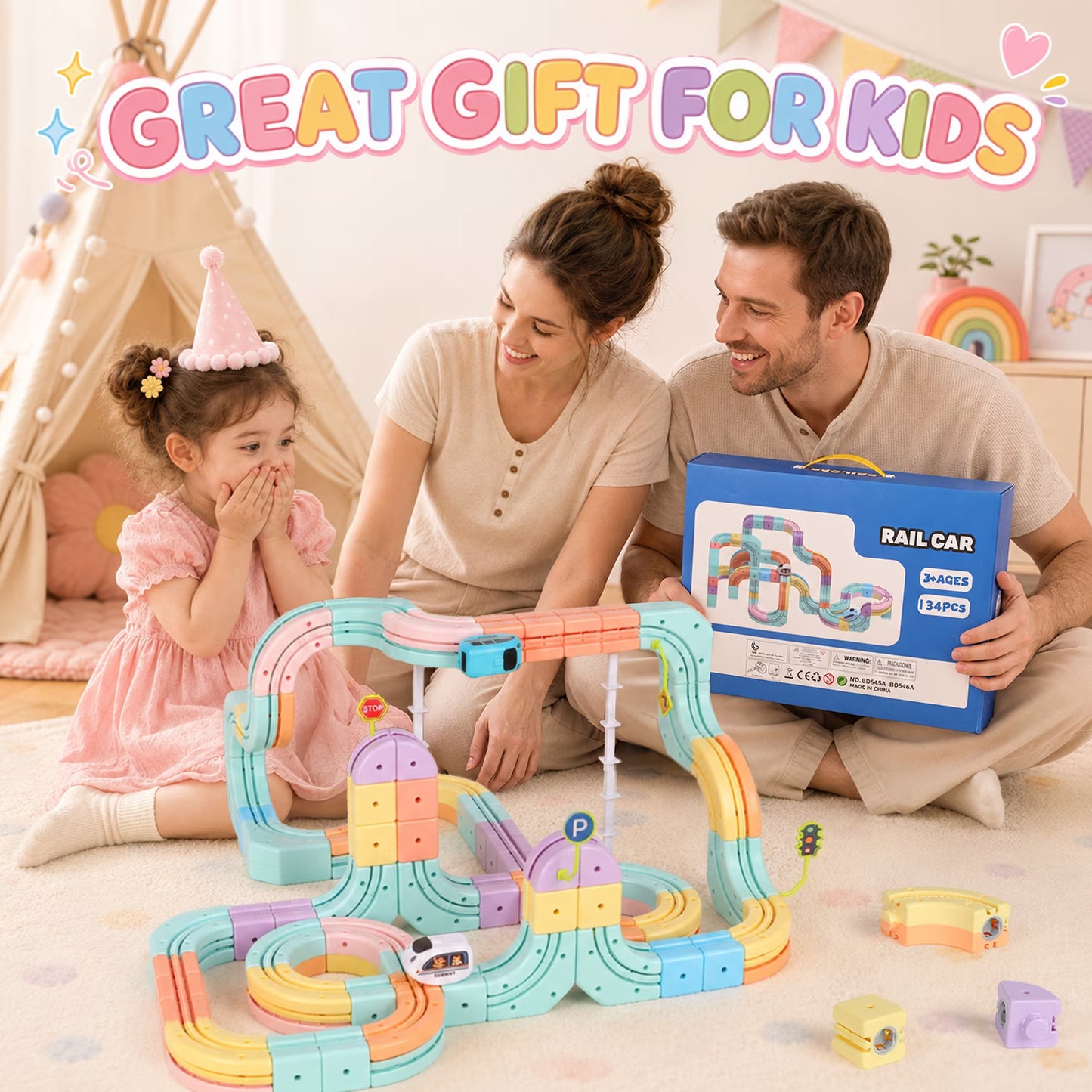 134PCS Electric Train Set for Kids, Gravity-Defying 3D Train Track Set, Flexible Snap-On Race Car Track, STEM Building Train Toy Birthday Gifts for Boys Girls 3 4 5 6 7 8