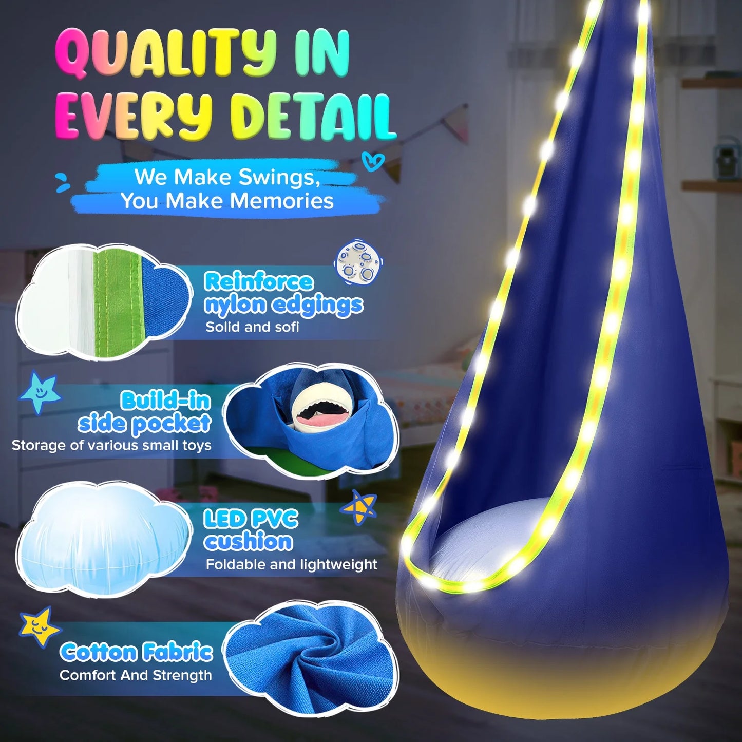 Kids Pod Swing Seat, Light Up Hanging Hammock Chair with Inflatable Pillow, Indoor and Outdoor Toy Sensory Swing for kids, 100% Cotton Loading Capacity 176 lbs