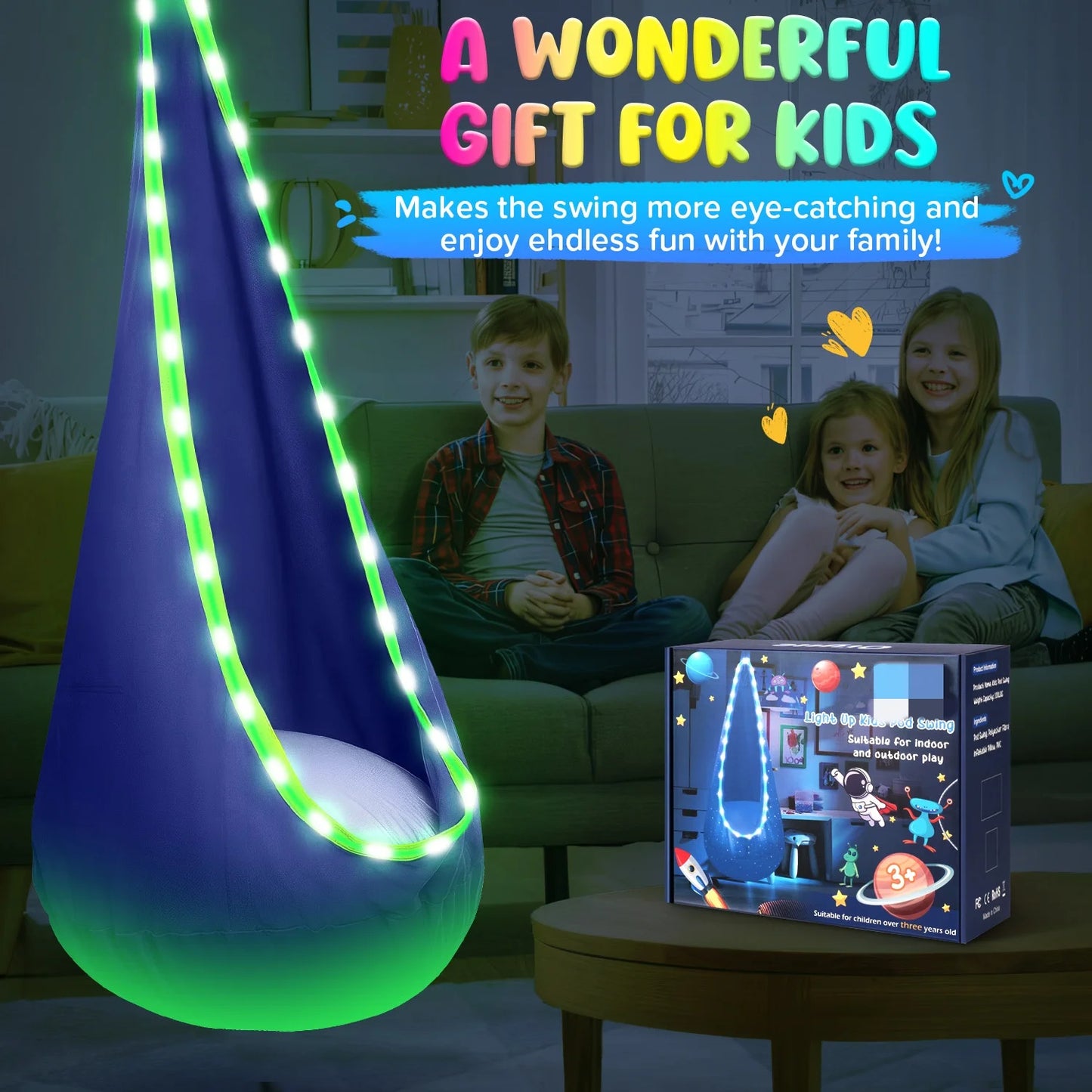 Kids Pod Swing Seat, Light Up Hanging Hammock Chair with Inflatable Pillow, Indoor and Outdoor Toy Sensory Swing for kids, 100% Cotton Loading Capacity 176 lbs