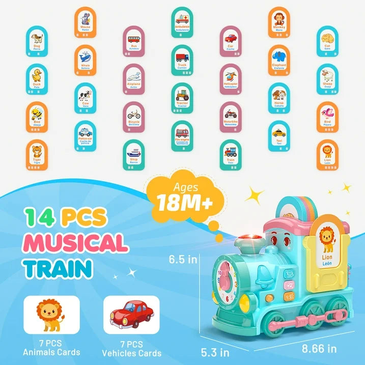 Toddler Toys Montessori Toys for 1 Year Old Girl Gifts, 24-in-1 Multi Musical Train with Talking Flash Cards, Blue