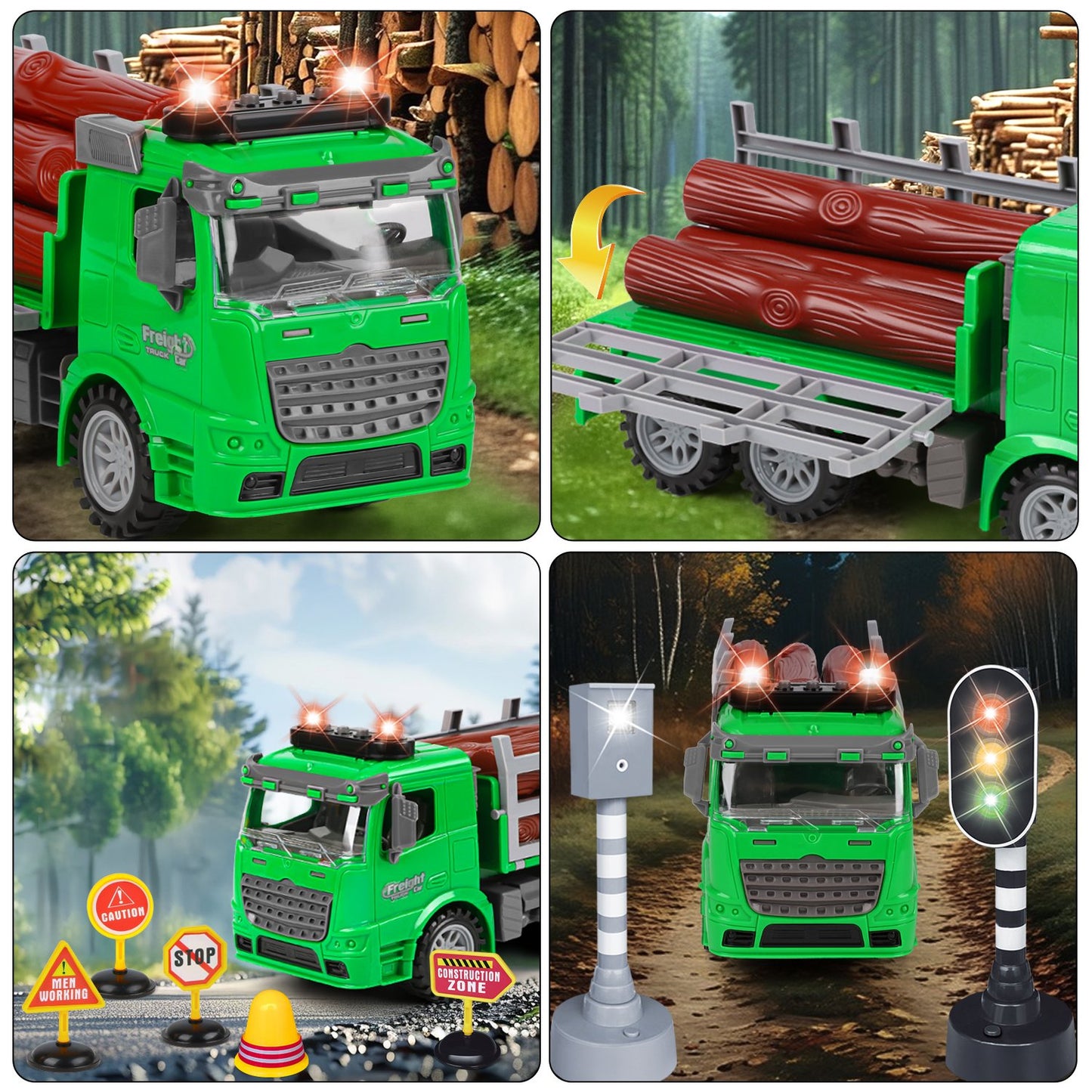 Logging Carrier Toys for Kids/Toddler Age 5 6 7 8, Inertia Truck with Lights and Music,Tiltable Fence, Birthday Gift for Boys 8-11 Years Old