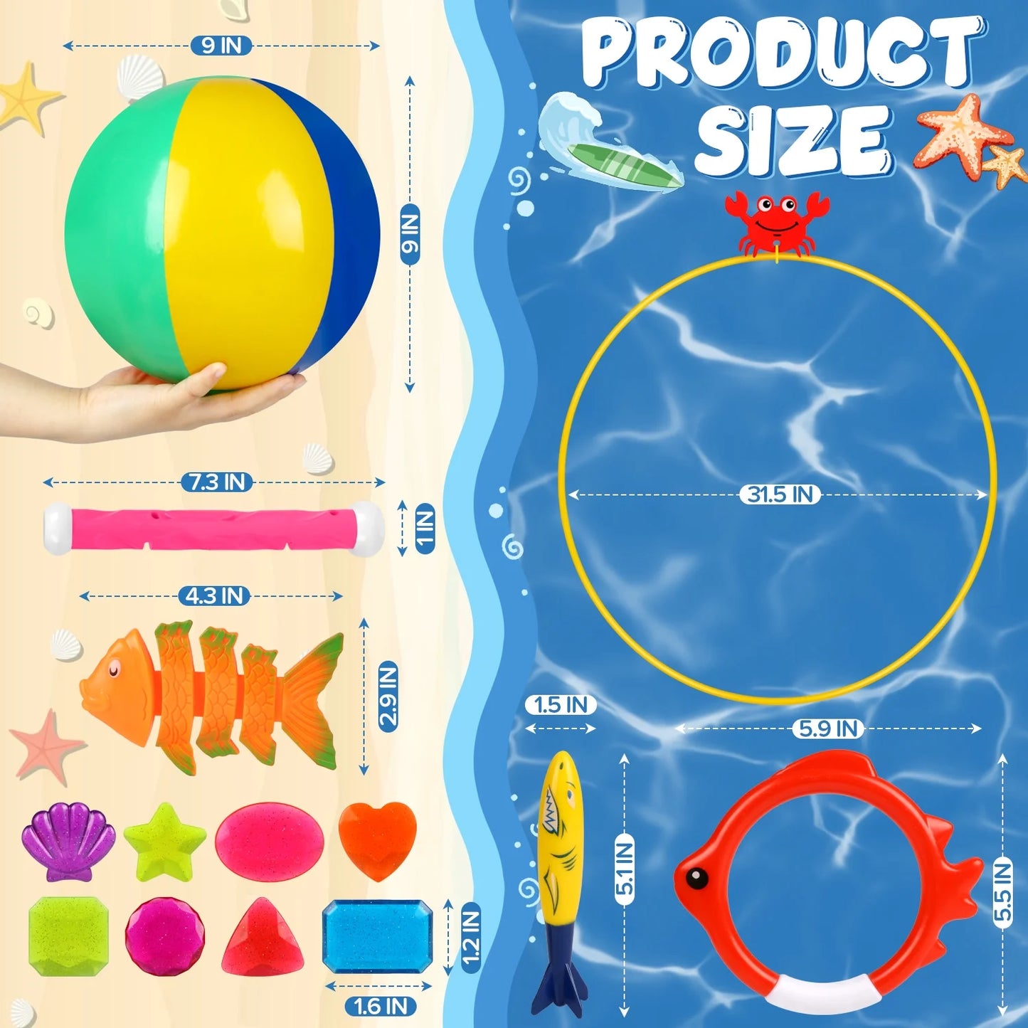 Diving Pool Toys for Kids Ages 4-8 8-12, 24Pcs Pool/Beach Party Games Sinking Set with Storage Bag, Summer Swim Water Fish Toys for Boys & Girls