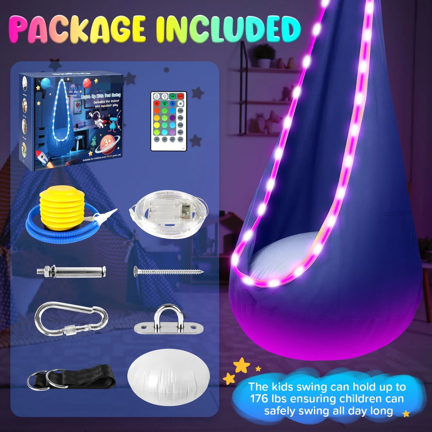 Kids Pod Swing Seat, Light Up Hanging Hammock Chair with Inflatable Pillow, Indoor and Outdoor Toy Sensory Swing for kids, 100% Cotton Loading Capacity 176 lbs