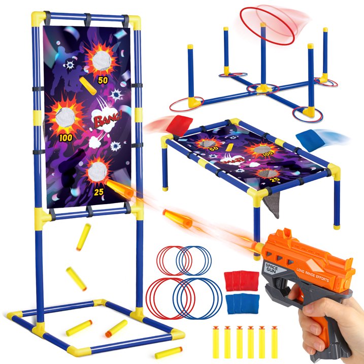 Bean Bag Toss Game for Kids 3-8, 3 In 1 Outdoor Cornhole Game Set with Shooting & Ring Toss Games for Kids, Backyard Indoor Outside Toys for Boys Girls Ages 5 6 7 8 9 10, Birthday Party Game Gift