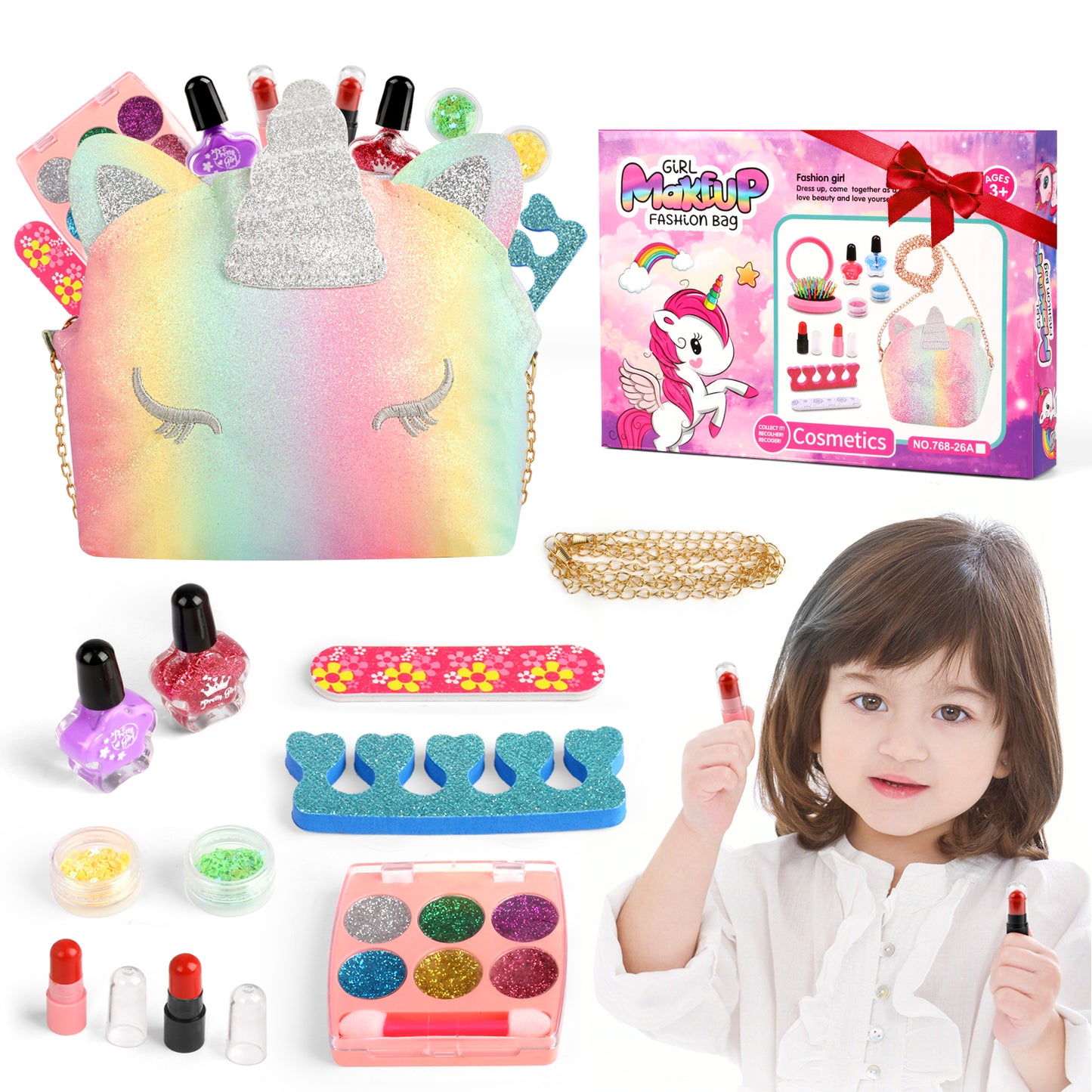 Kids Makeup Kit for Girl, Makeup Kit Toys for Little Girls, Washable Makeup Kit for Kids Real Makeup with Unicorn Bag, Christmas Birthday & Party Gifts for Kids 3 4 5 6 7 8 9 10(11 PCS)