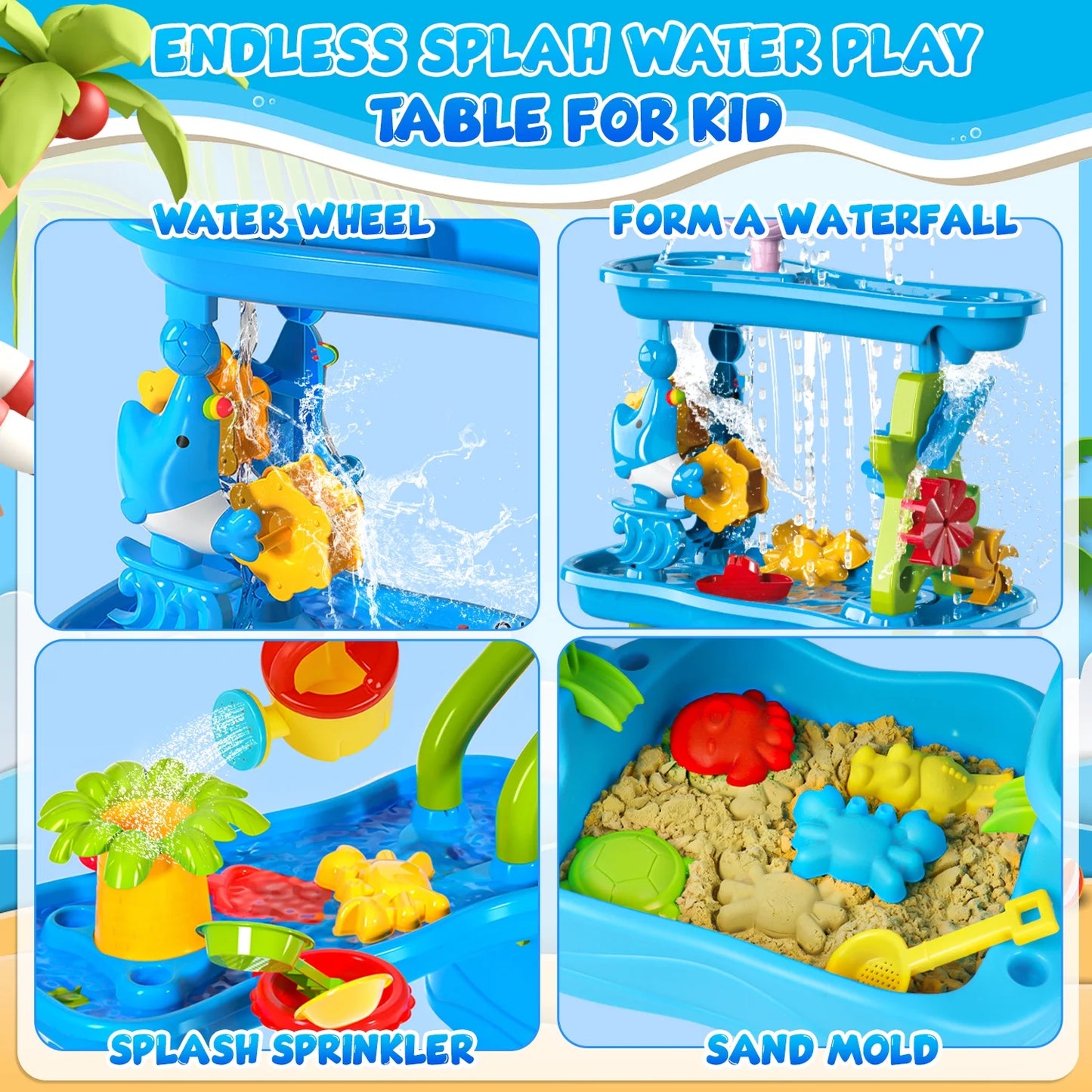 Sand Water Table for Toddlers, Summer Toys Outdoor Sand Play Set for Kids Boy Girls Aged 1 2 3+