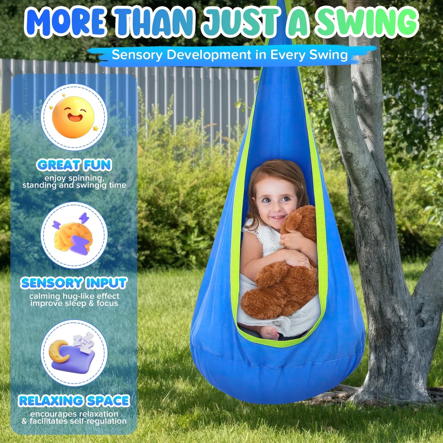 Kids Pod Swing Seat, Light Up Hanging Hammock Chair with Inflatable Pillow, Indoor and Outdoor Toy Sensory Swing for kids, 100% Cotton Loading Capacity 176 lbs