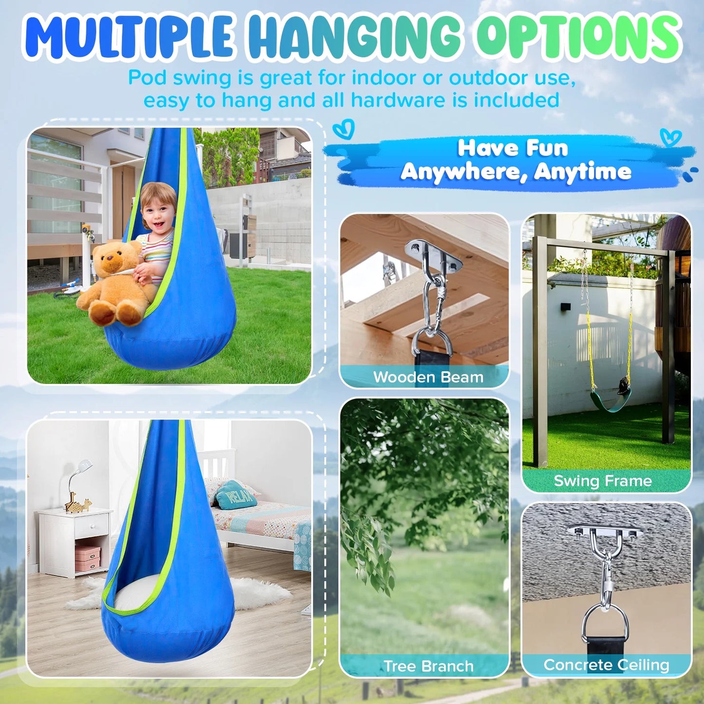Kids Pod Swing Seat, Light Up Hanging Hammock Chair with Inflatable Pillow, Indoor and Outdoor Toy Sensory Swing for kids, 100% Cotton Loading Capacity 176 lbs