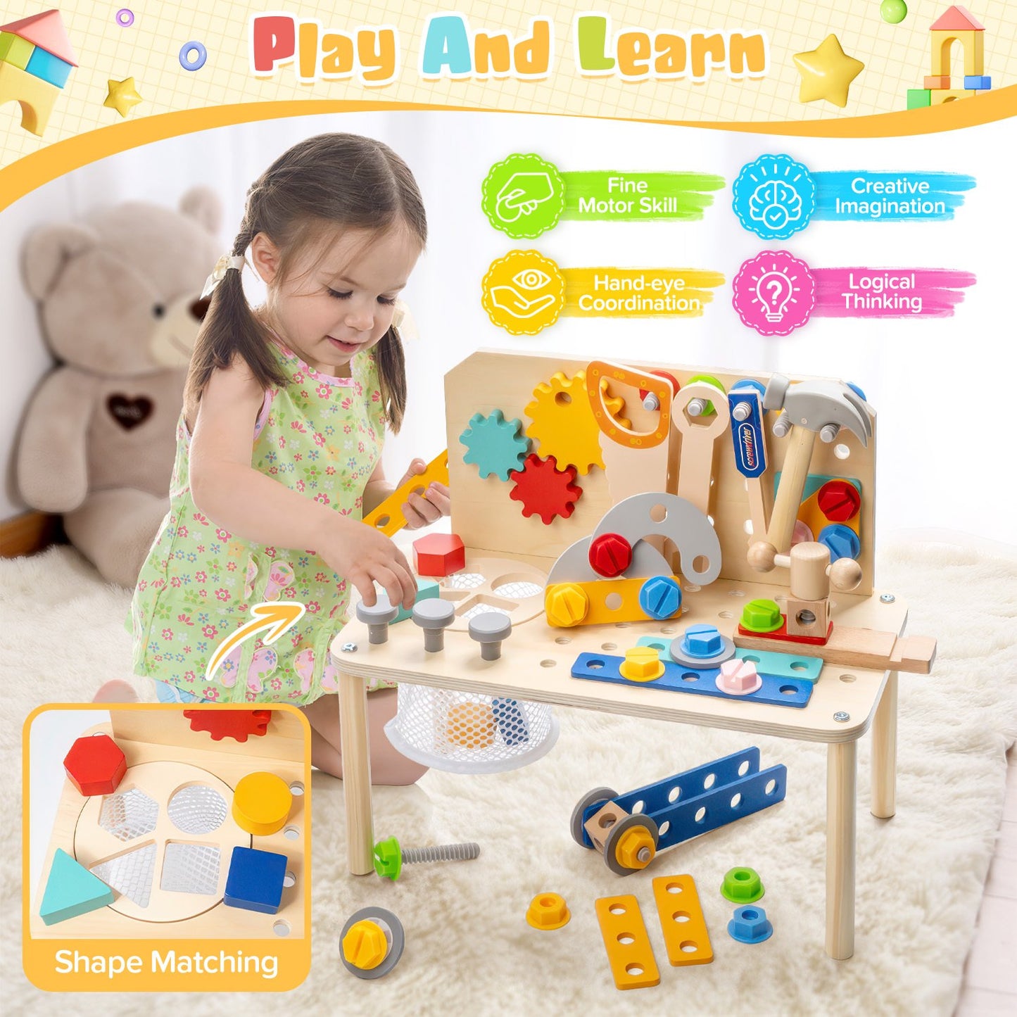 Kids Tool Set for Boys Age 2-6, 92Pcs Wooden Toddler Tool Bench, Kids Workbench with Realistic Tools, Montessori Educational STEM Construction Pretend Play Toy Birthday Gift for Boys Toddlers