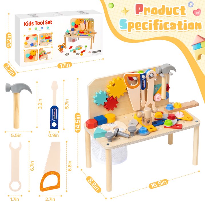 Kids Tool Set for Boys Age 2-6, 92Pcs Wooden Toddler Tool Bench, Kids Workbench with Realistic Tools, Montessori Educational STEM Construction Pretend Play Toy Birthday Gift for Boys Toddlers