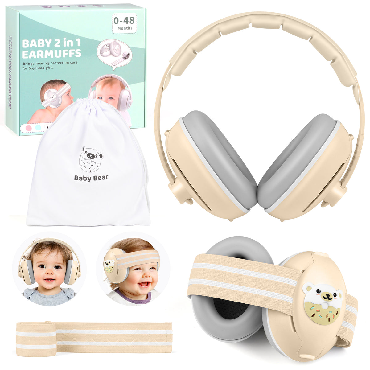2-in-1 Baby Ear Muffs Noise Protection, Toddler Noise Canceling Headphones for Baby 0-36 Months, Infant Ear Protection for Sleep & Plane travel essentials, Adjustable Headband - Cream White