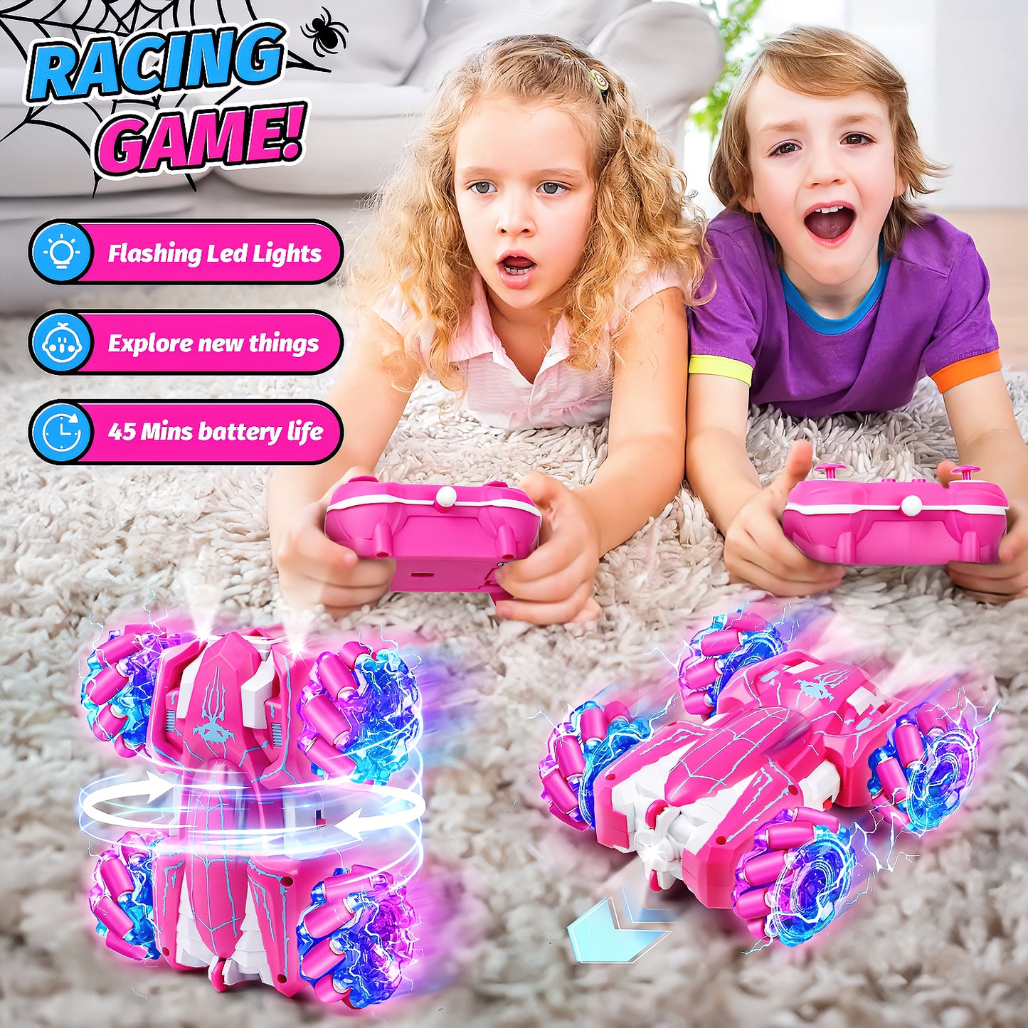 Spider RC Stunt Cars for Kids, Rechargeable 360° Flip Double-Sided Car w/ LED Lights, Remote Control Outdoor Toys for Kids, Birthday Christmas Gifts for Girls Boys Aged 6-12+