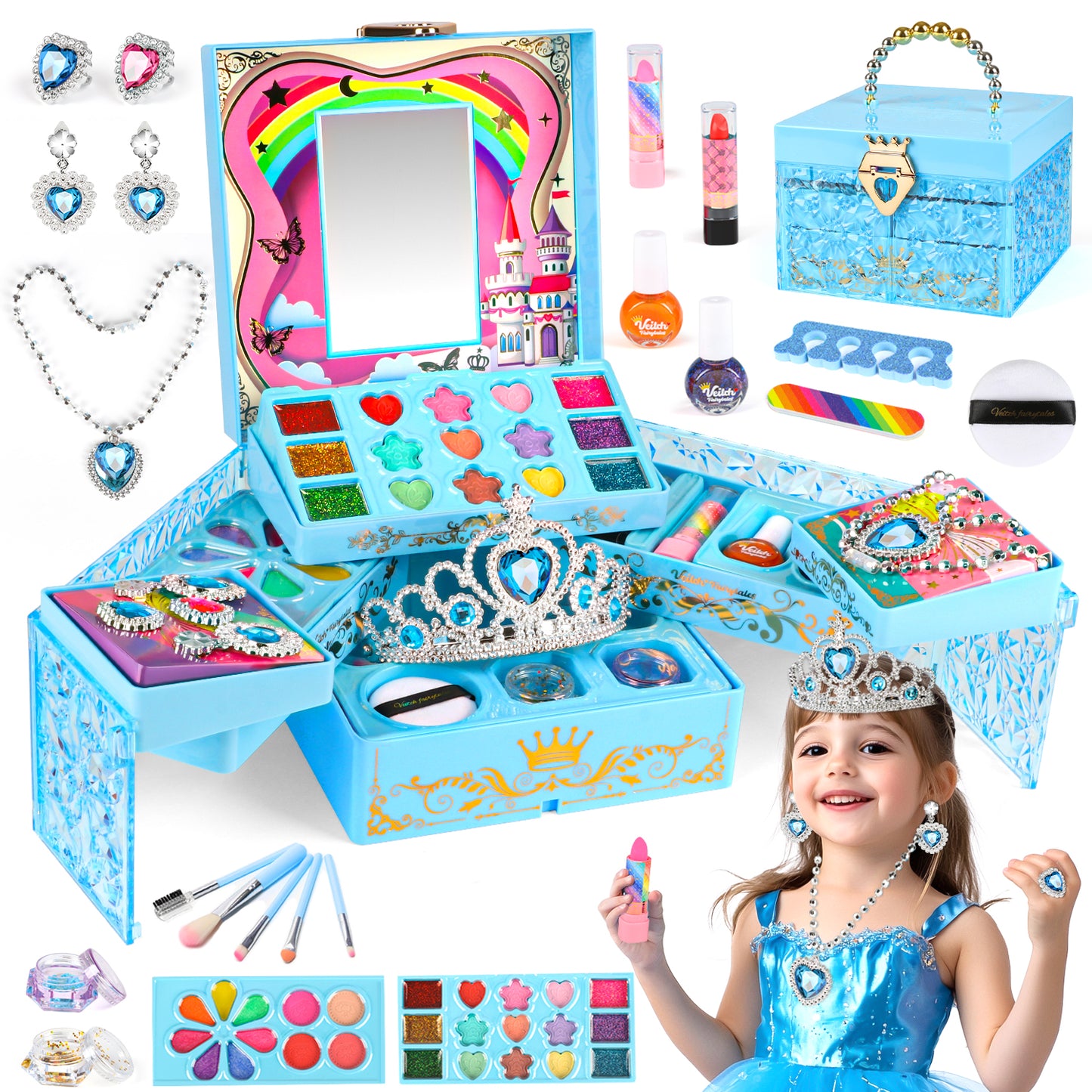 Kids Makeup Kit for Girl Gifts, Frozen Toys for Girls 3-6 years, 46PCS in 1 Makeup Toys Washable Little Girls Princess Make Up Toys for 4 5 6 7 8 9 Year Old Girl Birthday Gift (Blue)