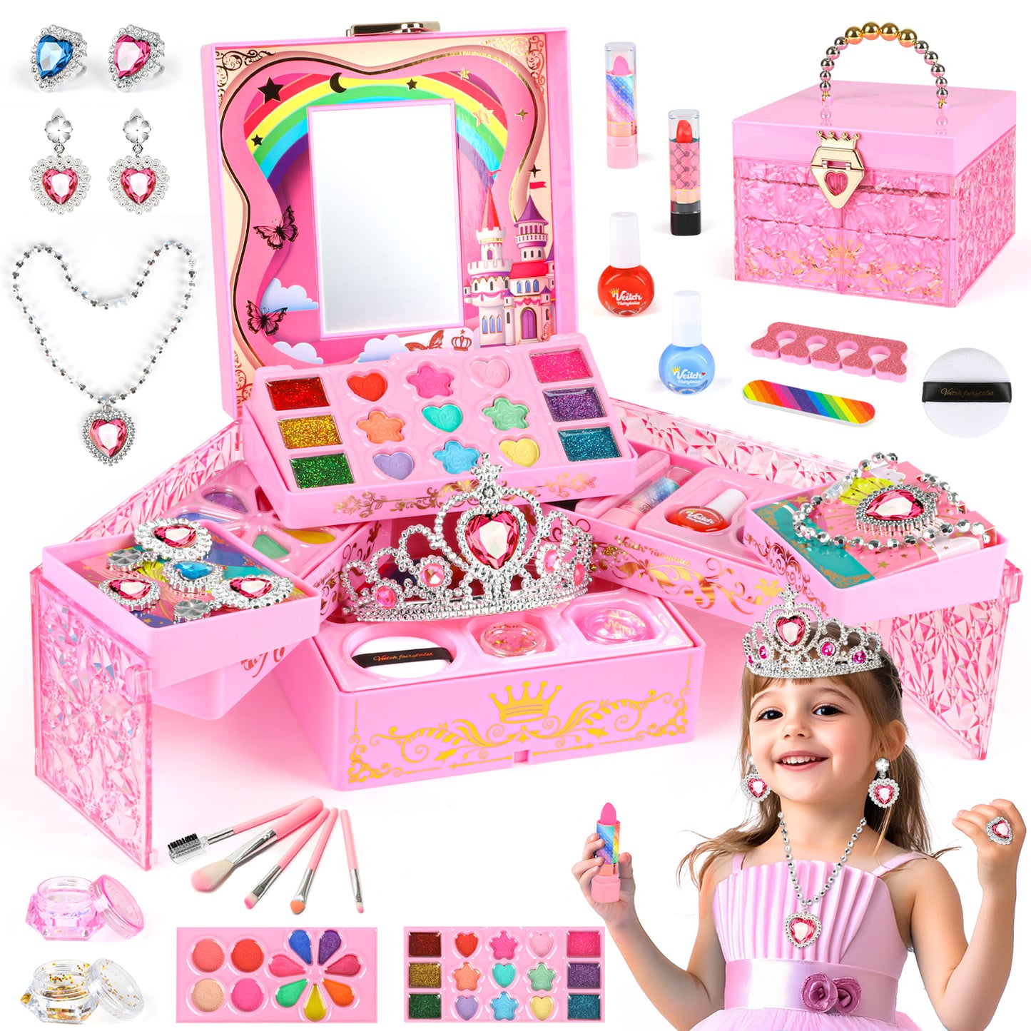 Girls Makeup Toys Kit, 46 PCS Pretend Play Makeup Toys for Kids with Real Cosmetic, Kids Makeup Set Girls Toys for 3-6 Year Christmas Birthday Gifts (Pink)