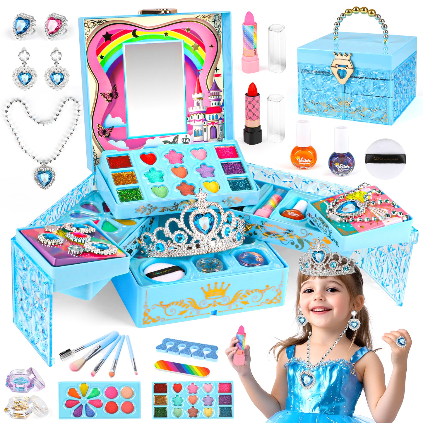 Kids Makeup Kit for Girl Gifts, Frozen Toys for Girls 3-6 years, 46PCS in 1 Makeup Toys Washable Little Girls Princess Make Up Toys for 4 5 6 7 8 9 Year Old Girl Birthday Gift (Blue)
