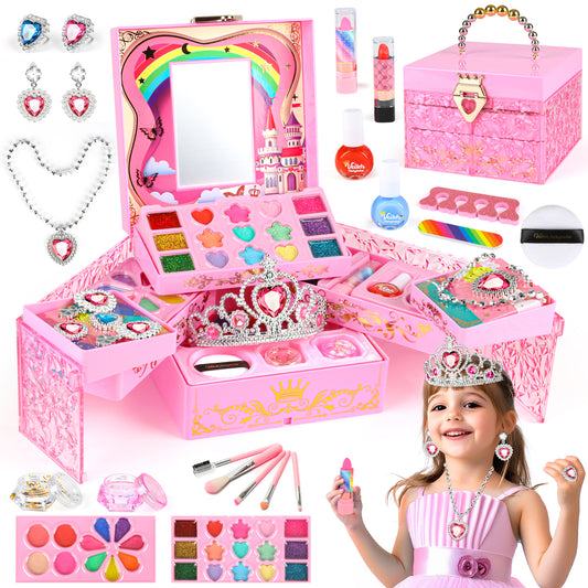 Girls Makeup Toys Kit, 46 PCS Pretend Play Makeup Toys for Kids with Real Cosmetic, Kids Makeup Set Girls Toys for 3-6 Year Christmas Birthday Gifts (Pink)