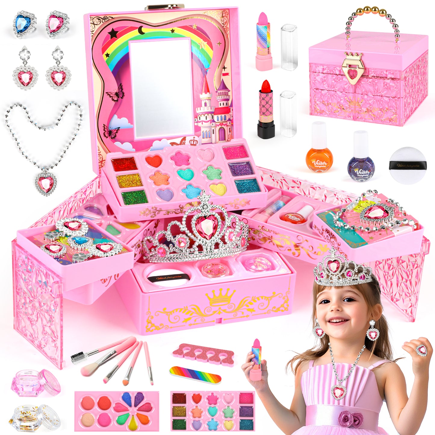 Girls Makeup Toys Kit, 46 PCS Pretend Play Makeup Toys for Kids with Real Cosmetic, Kids Makeup Set Girls Toys for 3-6 Year Christmas Birthday Gifts (Pink)