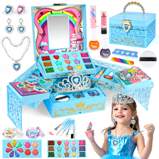 Kids Makeup Kit for Girl Gifts, Frozen Toys for Girls 3-6 years, 46PCS in 1 Makeup Toys Washable Little Girls Princess Make Up Toys for 4 5 6 7 8 9 Year Old Girl Birthday Gift (Blue)