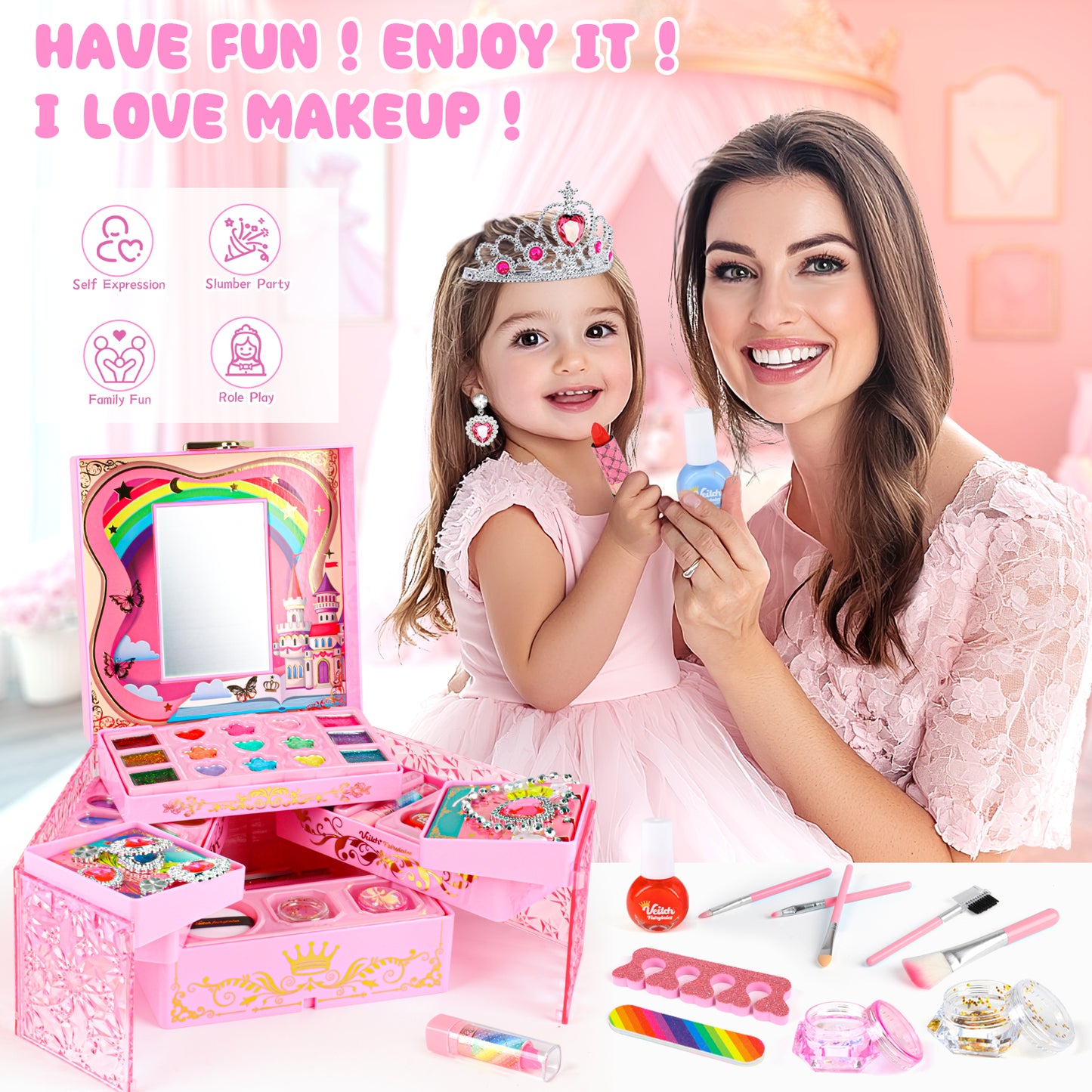 Girls Makeup Toys Kit, 46 PCS Pretend Play Makeup Toys for Kids with Real Cosmetic, Kids Makeup Set Girls Toys for 3-6 Year Christmas Birthday Gifts (Pink)