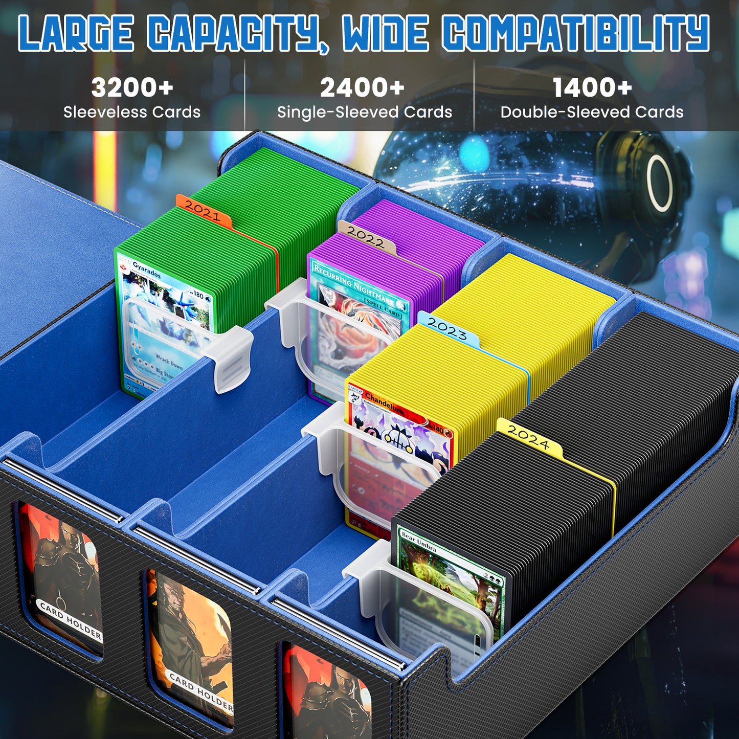 Trading Card Storage Box, 3200+ MTG Deck Box, Magnetic PU Leather Card Deck Box, Fits for Magic Game Sports Cards (Blue)