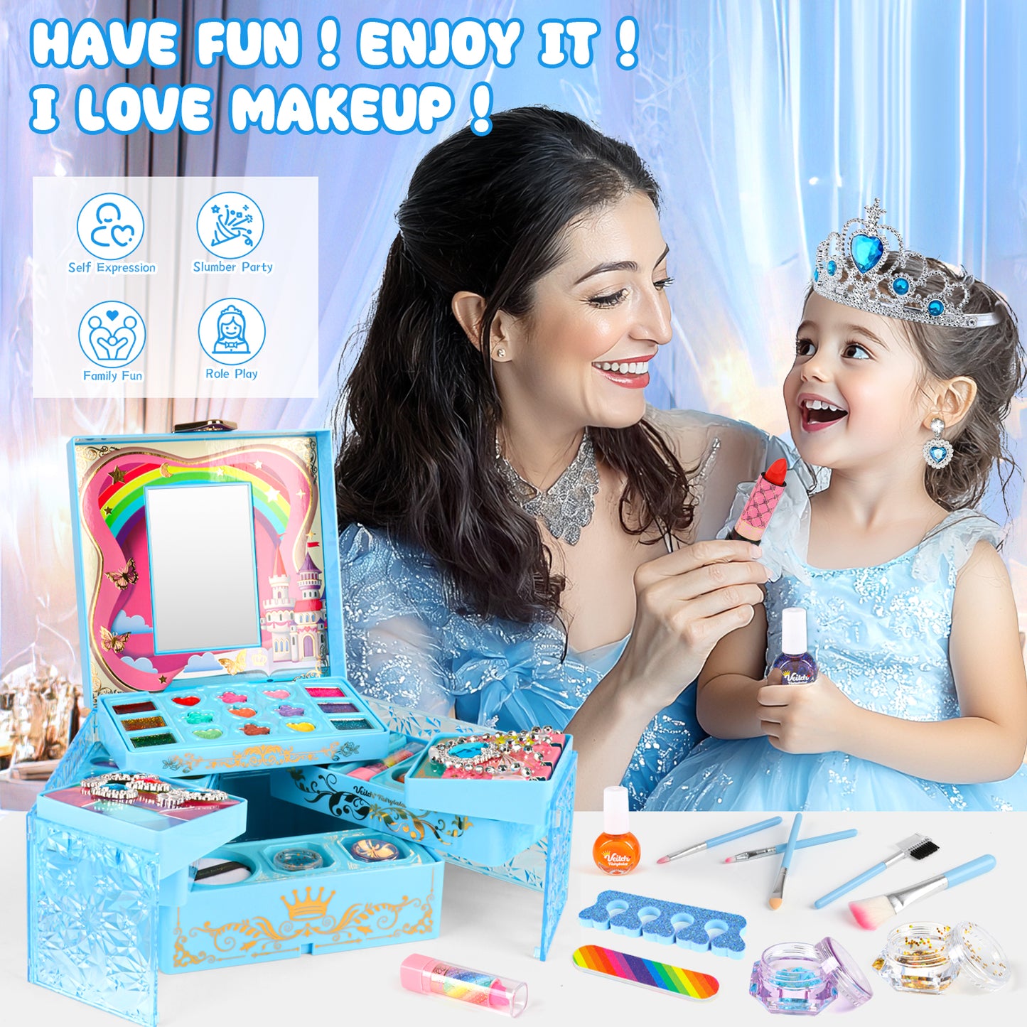 Kids Makeup Kit for Girl Gifts, Frozen Toys for Girls 3-6 years, 46PCS in 1 Makeup Toys Washable Little Girls Princess Make Up Toys for 4 5 6 7 8 9 Year Old Girl Birthday Gift (Blue)
