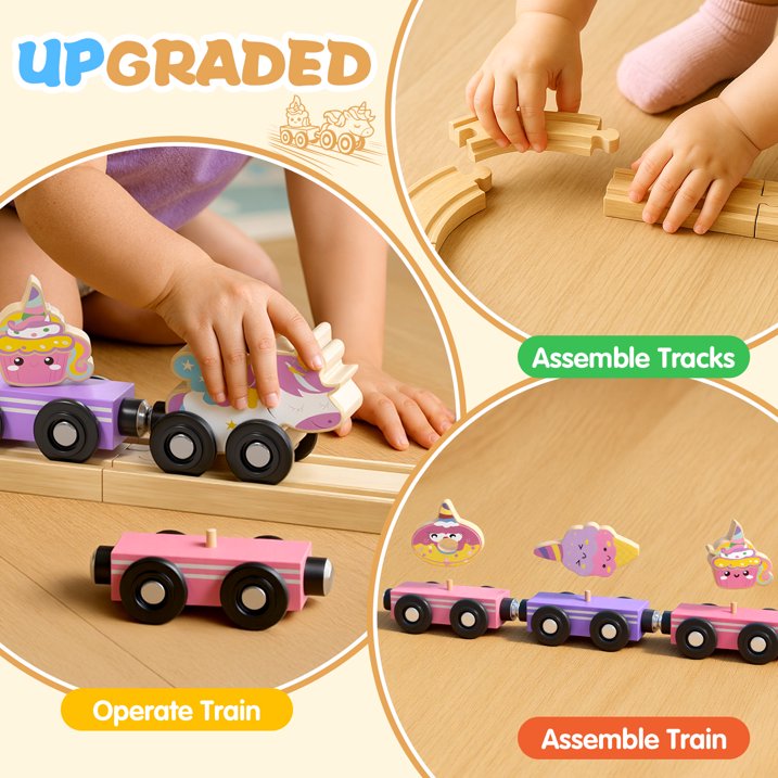 Wooden Train Set for Kids, Wooden Train Track for Toddlers 2 3 4 5, Unicorn Train Toy with 4 Magnetic Trains & Accessories, Railway Playset Christmas Birthday Gifts for 3 4 5 6 Year Girls Boys