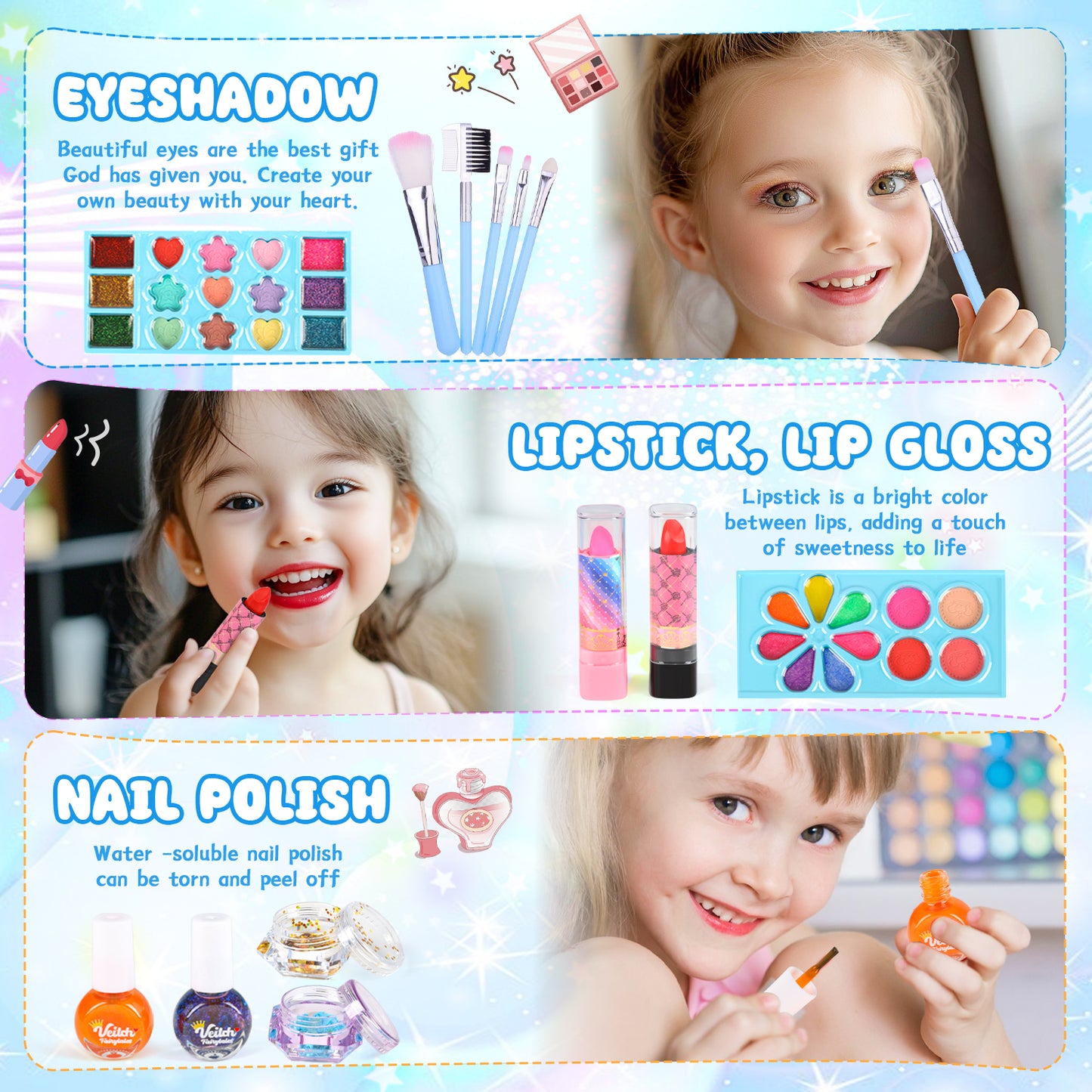 Kids Makeup Kit for Girl Gifts, Frozen Toys for Girls 3-6 years, 46PCS in 1 Makeup Toys Washable Little Girls Princess Make Up Toys for 4 5 6 7 8 9 Year Old Girl Birthday Gift (Blue)