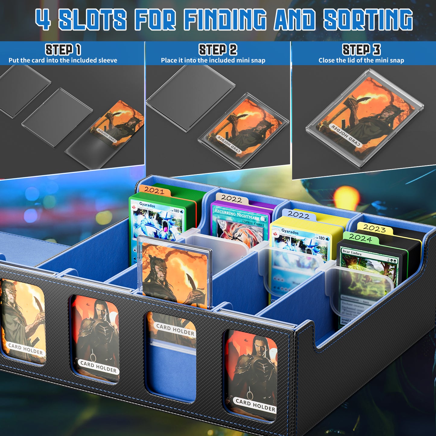 Trading Card Storage Box, 3200+ MTG Deck Box, Magnetic PU Leather Card Deck Box, Fits for Magic Game Sports Cards (Blue)