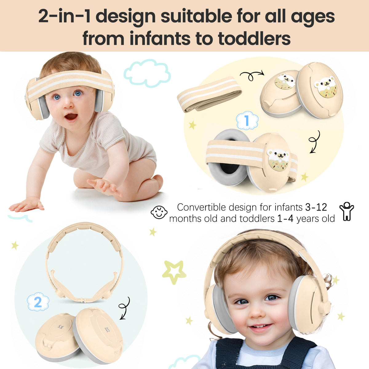 2-in-1 Baby Ear Muffs Noise Protection, Toddler Noise Canceling Headphones for Baby 0-36 Months, Infant Ear Protection for Sleep & Plane travel essentials, Adjustable Headband - Cream White
