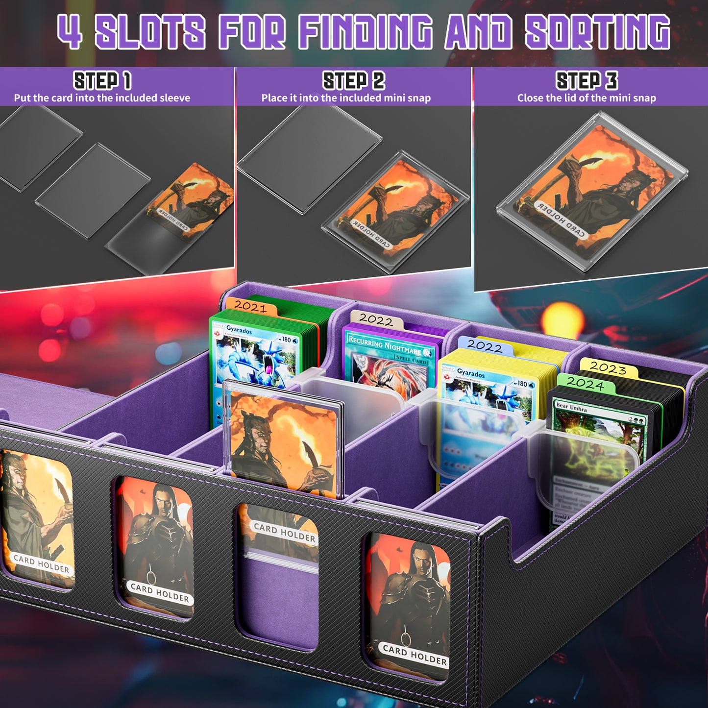 Trading Card Storage Box, 3200+ MTG Deck Box, Magnetic PU Leather Trading Card Deck Box, Fits for TCG Magic Game Sports Cards (Purple)