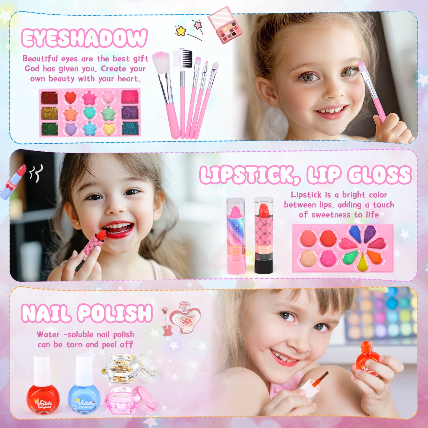 Girls Makeup Toys Kit, 46 PCS Pretend Play Makeup Toys for Kids with Real Cosmetic, Kids Makeup Set Girls Toys for 3-6 Year Christmas Birthday Gifts (Pink)
