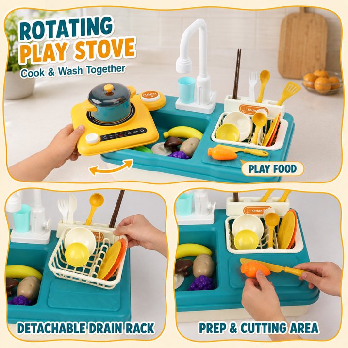 Play Sink with Running Water for Toddlers 3-5, Kitchen Play Sink & Stove Toy with Electric Faucet, Play Food & kitchen Accessories, Gift for Boys Girls Ages 3+
