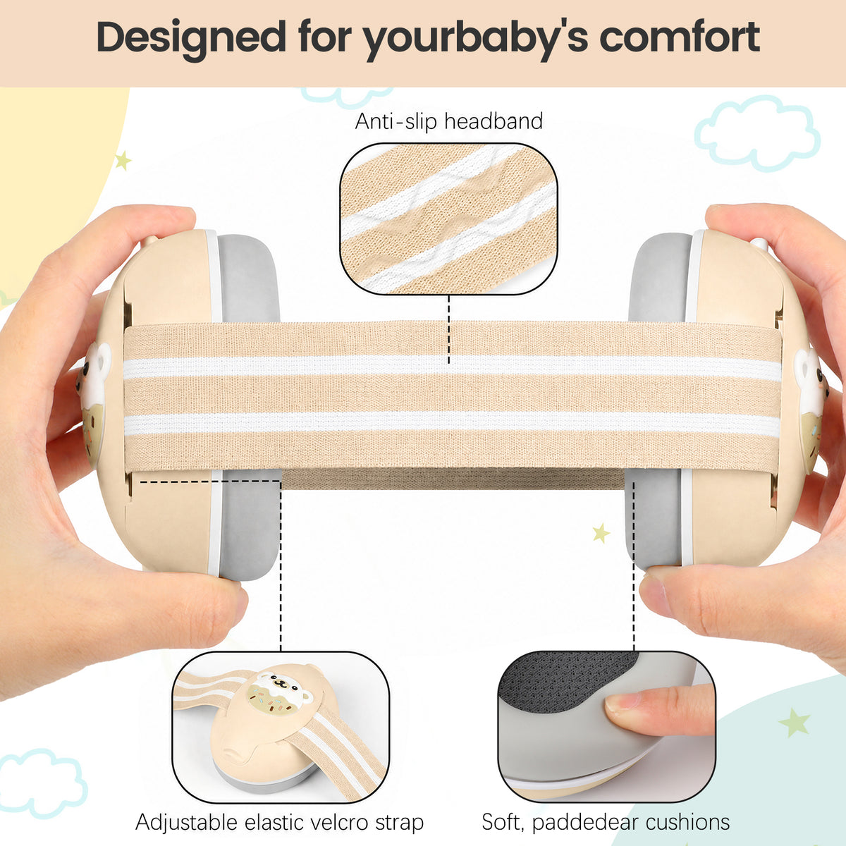 2-in-1 Baby Ear Muffs Noise Protection, Toddler Noise Canceling Headphones for Baby 0-36 Months, Infant Ear Protection for Sleep & Plane travel essentials, Adjustable Headband - Cream White