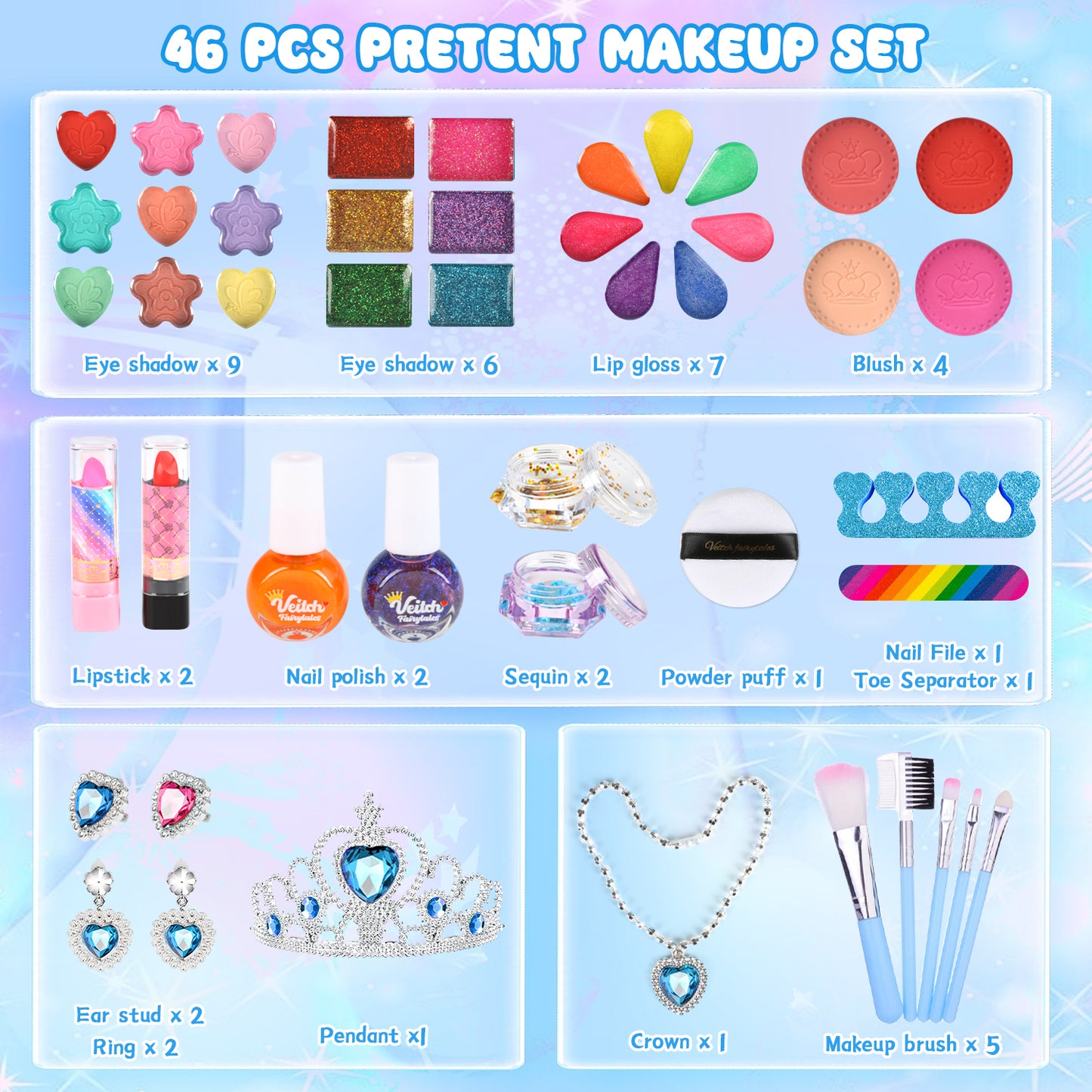 Kids Makeup Kit for Girl Gifts, Frozen Toys for Girls 3-6 years, 46PCS in 1 Makeup Toys Washable Little Girls Princess Make Up Toys for 4 5 6 7 8 9 Year Old Girl Birthday Gift (Blue)