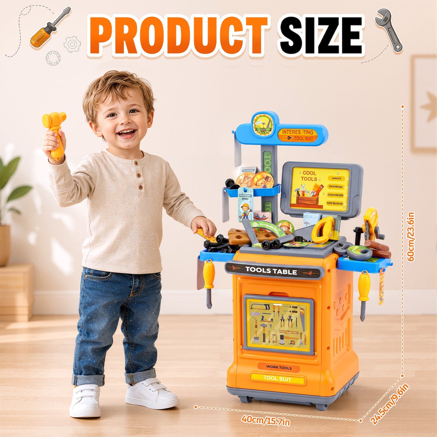 66Pcs Kids Tool Bench Toy, Rolling Tool Cart, Pretend Play Toddler Workbench with Realistic Tool,Large Storage, Construction Playset Toys for Boys and Girls Ages 3 4 5 6 Birthday Gifts